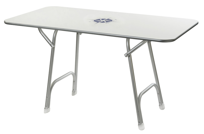 Struttura tubo alluminio anodizzato Ø 25 mm. Ripiano bianco con decoro, spessore 16 mm.
