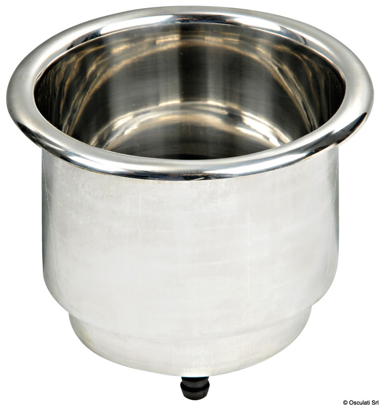 Realizzata in acciaio inox. Doppio diametro per contenere bottiglie e nuove lattine; foro di drenaggio con portagomma collegabile opzionalmente; morbido PVC sul fondo; bordo lucidato a specchio. Fornito con guarnizione autoadesiva per cui non necessita siliconatura velocizzando il montaggio.