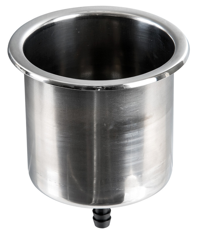 Realizzata in acciaio inox. Dimensionato per contenere bottiglie e lattine; foro di drenaggio con portagomma collegabile opzionalmente; morbido PVC sul fondo con logo.