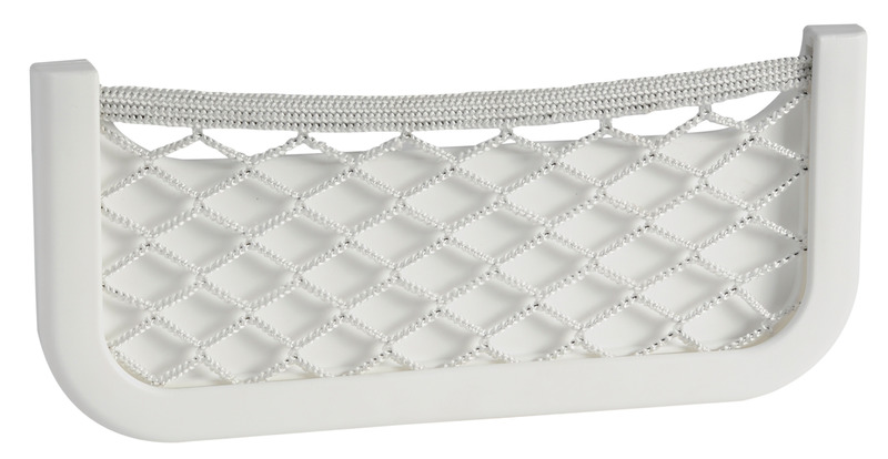 Telaio in ABS bianco, con rete elestica in nylon intrecciato. Dorso autoadesivo, oppure da fissare con 4 viti.