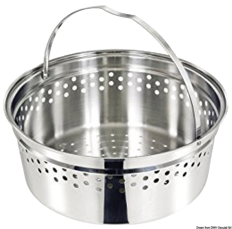 In acciaio inox AISI 316 lucidato a specchio. Utilizzabile anche con fuochi ad induzione. Provvisto di speciali manici a scatto removibili.