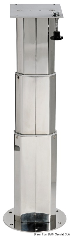 Fabbricato in acciaio inox AISI 316 lucidato a specchio con doppio telescopio azionato da molla a gas. Peso 8 kg. Non necessita di forare il pavimento per la discesa.