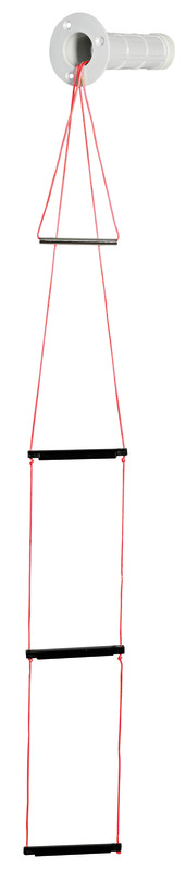 Alloggiamento costituito da un vano in termopolimero a tenuta stagna. Scaletta con montanti in treccia nylon e gradini in termopolimero ad alta resistenza. Si installa sopra la linea di galleggiamento. L'uso è semplicissimo: la persona in mare tira l'anello del tappo di chiusura e questa operazione fà uscire la scaletta dal suo alloggiamento. Venduto in confezione espositiva.
