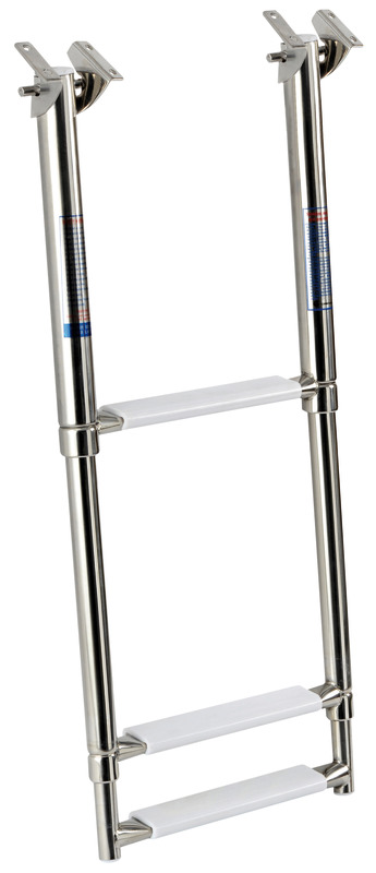 Realizzata in acciaio inox lucidato a specchio. Gradini ovali con pedana in plastica bianca.