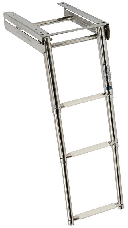 Completamente in acciaio inox lucidato a specchio. Gradini ovali con pedana in plastica bianca, versione con fermo frontale scatolato della parte sfilabile.
