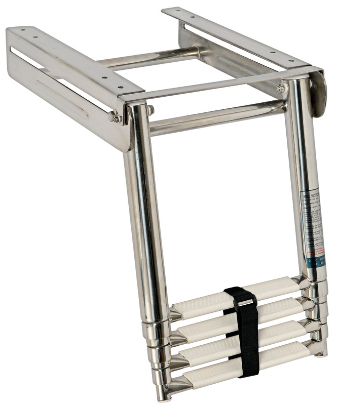 Completamente in acciaio inox lucidato a specchio. Gradini ovali con pedana in plastica bianca, versione con fermo frontale scatolato della parte sfilabile.