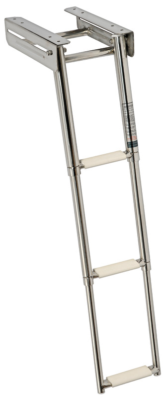 Completamente in acciaio inox lucidato a specchio. Gradini ovali con pedana in plastica bianca, versione con fermo frontale scatolato della parte sfilabile.