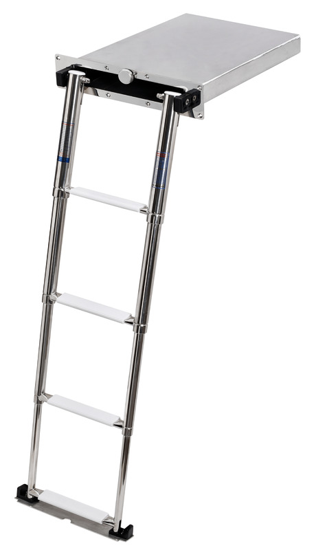 Formata da una scaletta telescopica 3/4 gradini nostri articoli 49.541.03/04 + box da incorporare nello spessore della plancetta.Realizzata in Italia da Douglas Marine.Estrazione della scaletta guidata che determina una migliore scorrevolezza e precisione di movimento.