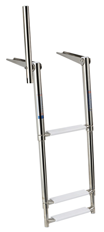 Provvista di maniglia pieghevole/abbattibile per facilitare la risalita a bordo. Realizzate in acciaio inox AISI 316 lucidato a specchio. Finitura eccezionale, gradini ovali con pedana in plastica bianca.