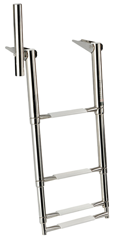 Provvista di maniglia pieghevole/abbattibile per facilitare la risalita a bordo. Realizzate in acciaio inox AISI 316 lucidato a specchio. Finitura eccezionale, gradini ovali con pedana in plastica bianca.