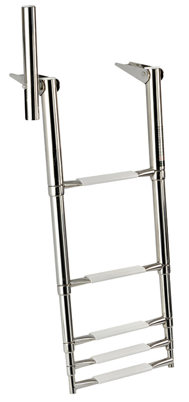 Provvista di maniglia pieghevole/abbattibile per facilitare la risalita a bordo. Realizzate in acciaio inox AISI 316 lucidato a specchio. Finitura eccezionale, gradini ovali con pedana in plastica bianca.