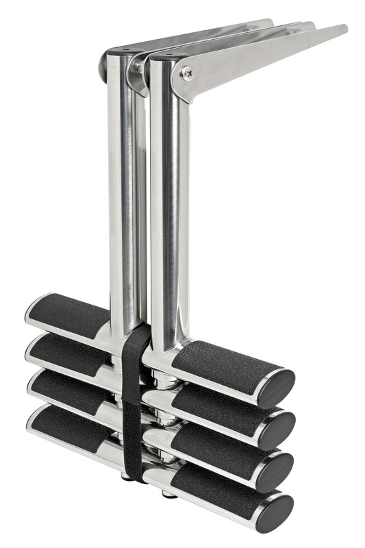 Realizzata in acciaio inox lucidato a specchio.Gradini con rivestimento antisdrucciolo.Particolarmente indicata per sub / sport acquatici.