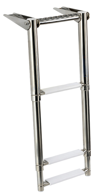Realizzata in acciaio inox lucidato a specchio. Gradini ovali con pedana in plastica bianca.