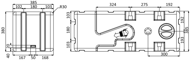 Serbatoio pre-assemblato con maceratore “Whale Gulper toiler” 50.113.xx. Il maceratore Whale non ha giranti ed è esente dalla possibilità di bloccarsi o intasarsi. Il serbatoio è studiato già con uscite/entrate a portagomma per evitare il maggior numero di connessioni “filettate” da cui potrebbe passare l’odore. Completo di: botola di ispezione; flangia 5 fori pre-forata per sensore di livello (da ordinare a parte); incavi per ganci di fissaggio 52.195.00 (versione fondo piatto). Fabbricati secondo ISO 8099.