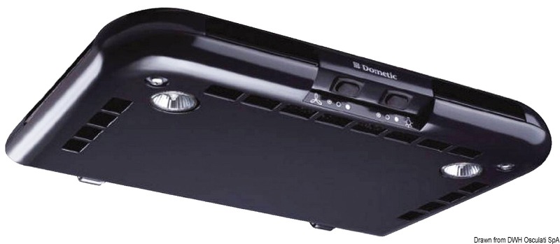 A ricircolo d'aria, con filtro carboni attivi. Filtro lavabile. Ventola a 2 velocità, 2 faretti alogeni da 10 W integrati.