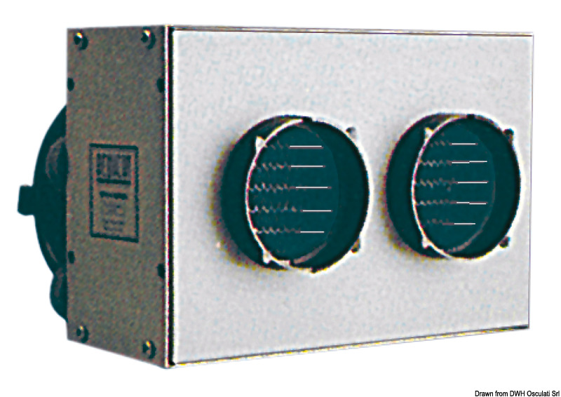 Montaggio nella posizione più indicata. Tramite due uscite a tubo flessibile Ø 75 mm, si raggiungono due bocchette orientabili da montare a paratia. Stesse caratteristichetecniche del mod. 50.263.00. Kit comprendente riscaldatore + interruttore a pannello a 4 posizioni + staffa montaggio + m 3,60 di tubo + 2 bocchette + cavo elettrico + viti.Sfrutta l’acqua di raffreddamento del motore per trasmettere il calore in cabina. Motore a 3 velocità, montaggio estremamente semplice e veloce.