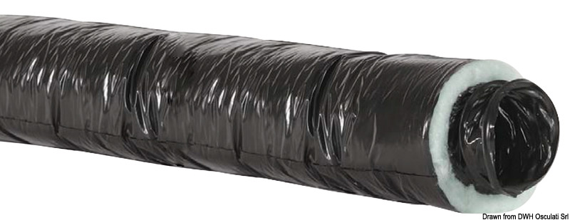 Condotto flessibile realizzato con film di resine poliolefiniche additivate e spirale in filo di acciaio armonico. Protezione interna anti vapore in resina poliolefinica additivata. Rivestimento termoisolante in fibra di poliestere.• colore: nero;• temperatura d’impiego: -20/+90°C (+110°C punte);• raggio di curvatura: 0,8-1,5xø;• velocità aria: max 20m/sec;• pressione: max 200mm ca;• reazione al fuoco classe 1 (D.M. 26/06/84).