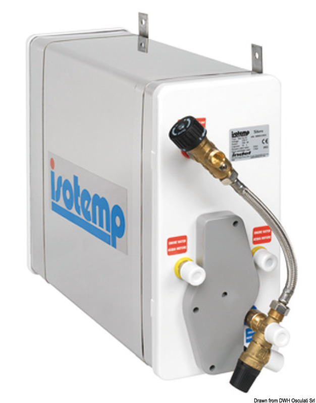 Serbatoio interno, serpentina e involucro esterno in acciaio inox. Il serbatoio é garantito 5 anni contro le perdite. Funzionano con una resistenza in rame nichelato da 750 W a 220 V, oppure con scambiatore di calore collegato all’impianto di raffreddamento del motore. La resistenza é posizionata nella parte bassa dello scaldabagno per evitare la stratificazione del calore. Doppio termostato (di sevizio e sicurezza). Valvola di sicurezza a 7 bar. Isolamento in poliuretano espanso. Possibilità di installazione verticale o orizzontale.