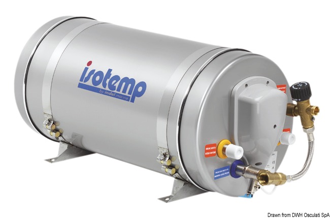 Serbatoio interno, serpentina e involucro esterno in acciaio inox. Il serbatoio é garantito 5 anni contro le perdite. Funzionano con una resistenza in rame nichelato da 750 W a 220 V, oppure con scambiatore di calore collegato all’impianto di raffreddamento del motore. La resistenza é posizionata nella parte bassa dello scaldabagno per evitare la stratificazione del calore. Doppio termostato (di sevizio e sicurezza). Valvola di sicurezza a 7 bar. Isolamento in poliuretano espanso. Possibilità di installazione verticale o orizzontale.