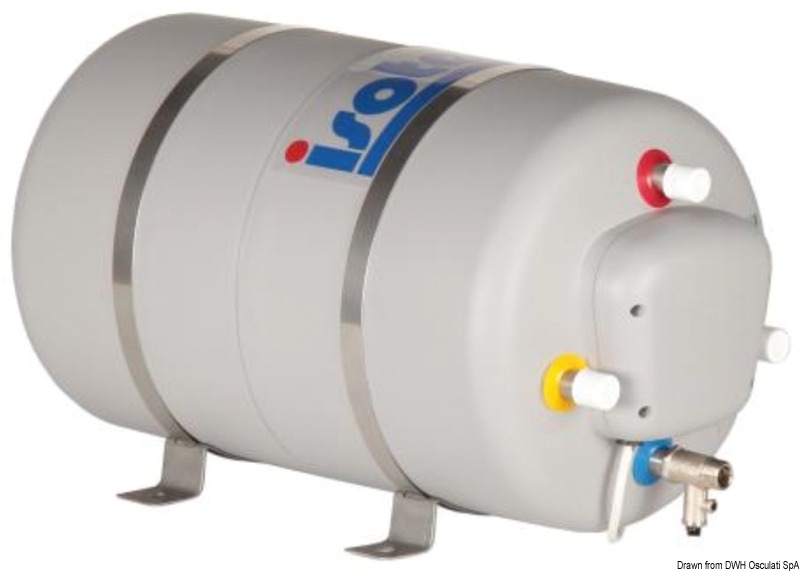 Serbatoio interno e serpentina corrugata in acciaio inox AISI 316. Involucro esterno in polipropilene grigio. Resistenza elettrica in rame nichelato da 750 W a 220 V. Valvola di sicurezza tarata a 6 bar. Isolamento con poliuretano espanso CFC free. Staffe di fissaggio acciaio inox AISI 304. Miscelatore termostatico 50.189.58 da acquistare a parte.