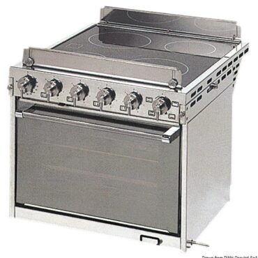 Mobile in acciaio inox lucidato a specchio, piano in vetroceramica, completa di snodo cardanico e barrette fermapentole.Forno con grill e leccarda di grandi dimensioni.
