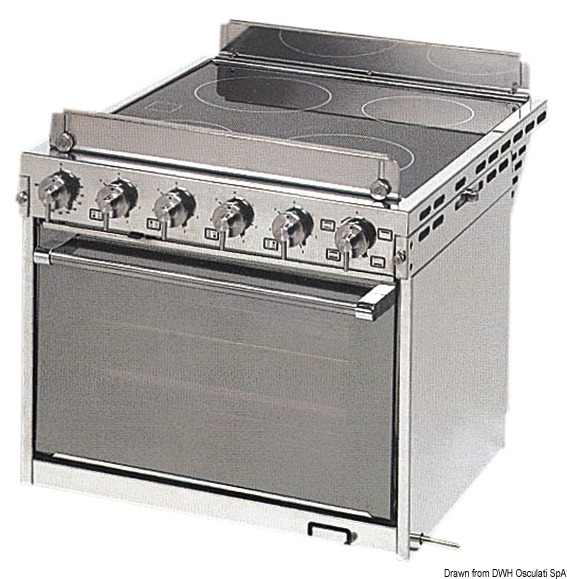 Mobile in acciaio inox lucidato a specchio, piano in vetroceramica, completa di snodo cardanico e barrette fermapentole.Forno con grill e leccarda di grandi dimensioni.