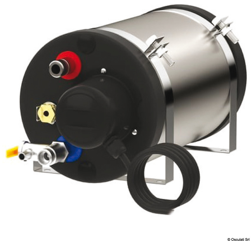 Mini boiler per imbarcazioni in acciaio inox AISI 316L, resistente agli urti, con isolamento termico in schiuma poliuretanica. Dotato di elemento riscaldante in incoloy e una guaina porta sonda che permette di rilevare la temperatura dell'acqua all’interno del boiler tramite termostato. Fornito con valvola di sicurezza e staffe regolabili.