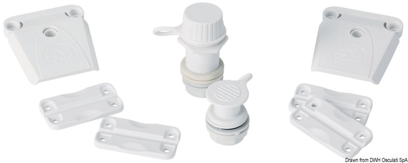 Contiene: 4 cerniere, 2 ganci chiusura, 2 tappi scarico, 24 viti inox.