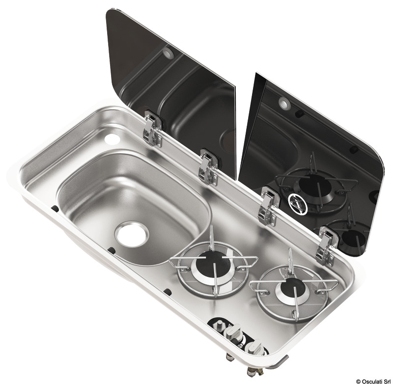 Piani cottura in acciaio inox con coperchio in vetro temperato fumé, completo di rubinetto miscelatore acqua calda e fredda.