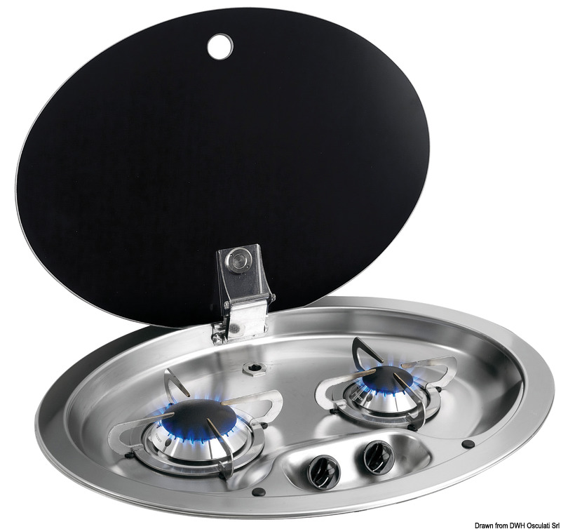 Con coperchio in vetro nero fumè, temperato, autobloccante. Cerniere a scomparsa. Griglia di supporto in inox con gommini antivibrazione.Bruciatori ad alta efficienza. Accensione manuale. Omologazione CE.