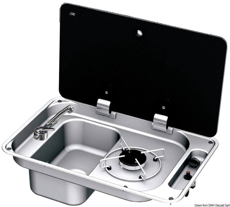 Completo di lavello e rubinetto con miscelatore acqua calda/fredda.