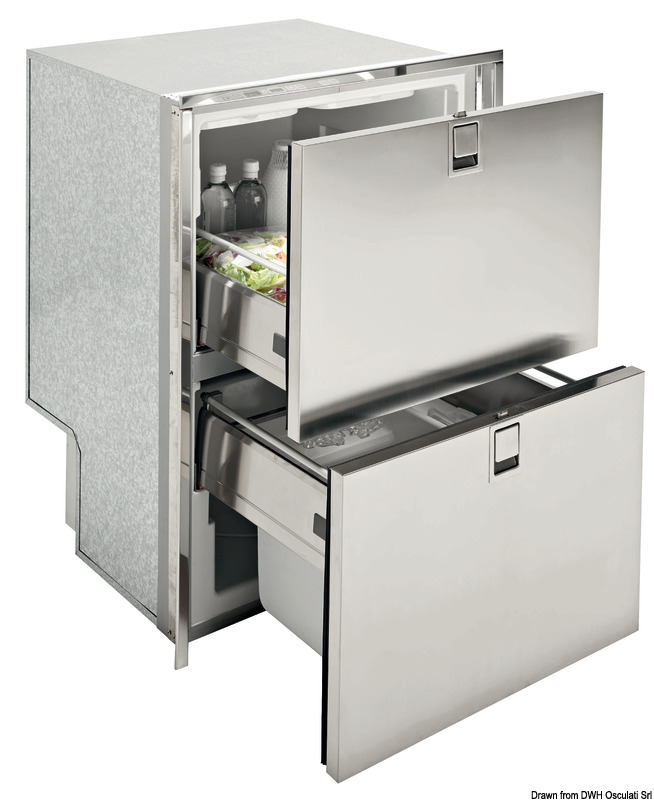 Serie frigo/congelatore a cassetto con apertura frontale e battuta in acciaio inox. Completi di compressore Secop a voltaggio universale 12/24 V.