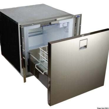 Serie frigo/congelatore a cassetto con apertura frontale e battuta in acciaio inox. Completi di compressore Secop a voltaggio universale 12/24 V.