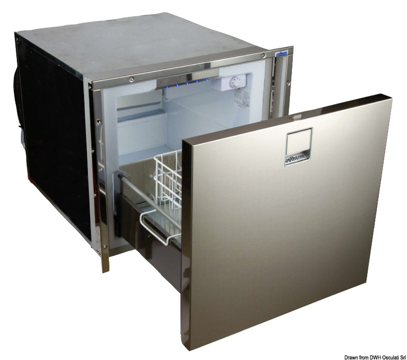 Serie frigo/congelatore a cassetto con apertura frontale e battuta in acciaio inox. Completi di compressore Secop a voltaggio universale 12/24 V.