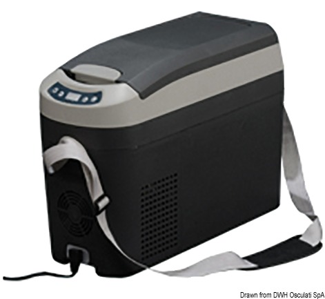 Frigorifero portatile compatto con possibilità di funzionamento freezer, equipaggiato di compressore Secop BD Micro. Alimentazione 12/24 V. Consumo 35 W. Temperatura regolabile con termostato. Costruito con materiali inossidabili.