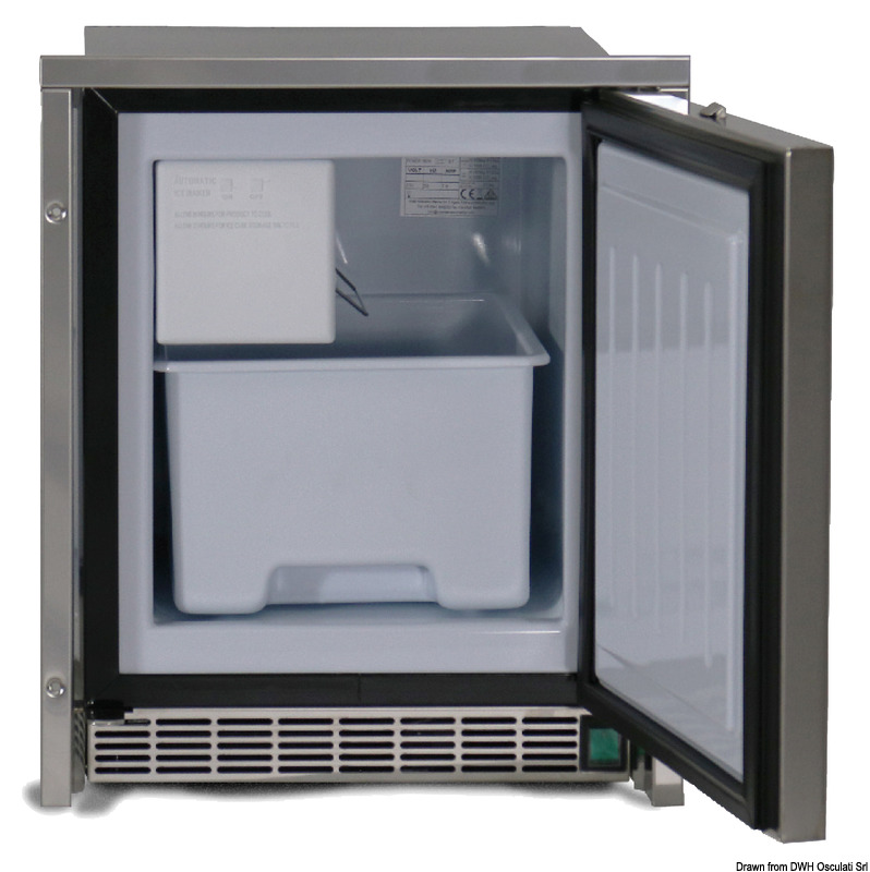 Stesse caratteristiche del modello White Ice, eccelle in flessibilità d’installazione. Grazie al posizionamento del gruppo motore posteriormente al mobile freezer, rende il prodotto applicabile in spazi ove l’altezza è ridotta, come nel caso delle sedute tipiche nei pozzetti esterni. La cornice in acciaio inox permette infine un'integrazione elegante e funzionale in qualsiasi imbarcazione anche di piccole dimensioni. Produzione 8 kg/giorno. Assorbimento 180 W. Si consiglia di lasciare 5 cm di spazio posteriormente all’icemaker per lo scarico dell’acqua e per le relative connessioni. Peso 29,5 kg.