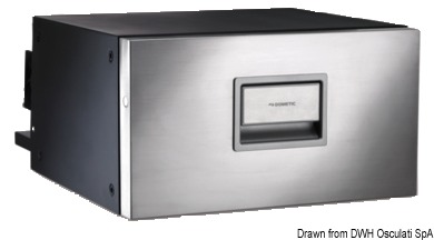 Funziona con compressore ermetico 12/24 V. Gruppo refrigerante amovibile fino a 1,5 m in caso di profondità limitata. Frontale in acciaio inox.