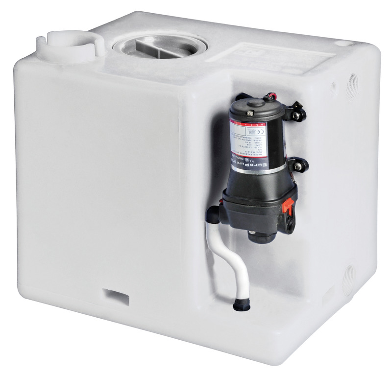 Serbatoio in polietilene alimentare già assemblato con autoclave 16.512.12 (12V), portata 12,8 l / min. Consigliato per 1, 2 o 3 utenze. Raccordi non inclusi, da scegliere nella serie 16.532.XX.