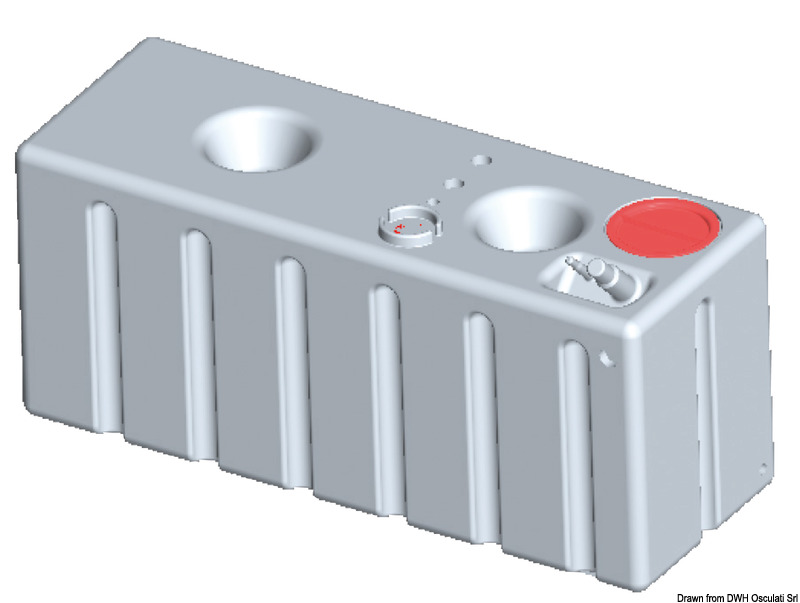 In polietilene alimentare lineare. Completo di tappo di ispezione + predisposizioni multiple per carico, scarico, sfiato con filetti femmina da 1" 1/4, 3/4", 1".Predisposto per installazione indicatore di livello con flangia VDO 5 fori (27.160.xx; 27.161.xx; 27.166.xx).
