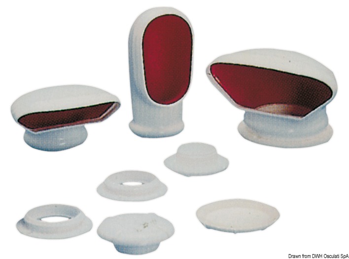 In PVC flessibile bianco, girevoli, complete di tappo di chiusura.