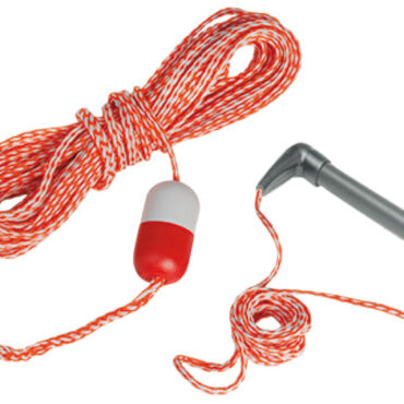 In levilene galleggiante bicolore, con maniglia in alluminio ricoperta di morbido espanso, cappucci rastremati “Usa” e galleggiante bianco/rosso.