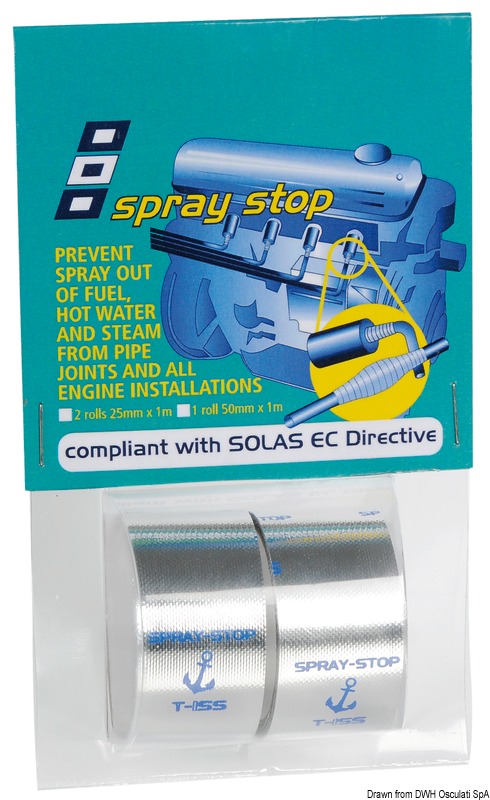 Resiste fino a 200° ed è ideale per riparazioni di emergenza su tubi carburante o sui tubi di circolazione dell'acqua sia calda che fredda. E' composta da un film di retro/alluminio con adesivo siliconico. Questo prodotto è richiesto dalla SOLAS 11-2/15.2.11.