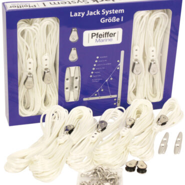 Per raccogliere la randa quando viene ammainata. Kit completo comprendente cime in nylon, 6 bozzelli, rinvii + 2 bitte a strozza in alluminio.