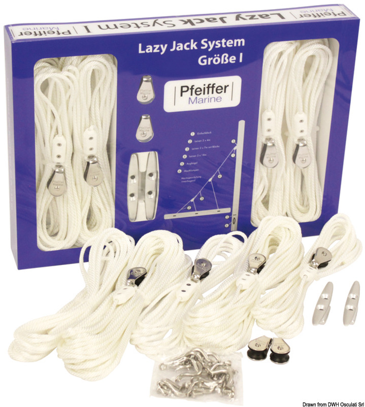 Per raccogliere la randa quando viene ammainata. Kit completo comprendente cime in nylon, 6 bozzelli, rinvii + 2 bitte a strozza in alluminio.