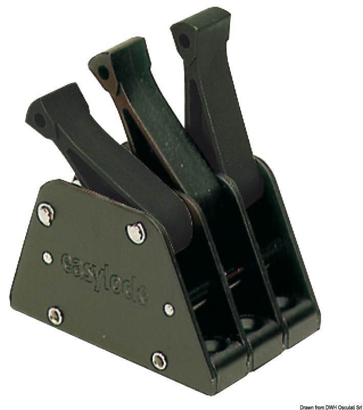 Dispositivo brevettato che permette sia di "cazzare” che di "lascare” la scotta sotto sforzo. Carcassa in alluminio anodizzato, cammes ed assi in acciaio inox, leve e rulli di scorrimento in delrin.