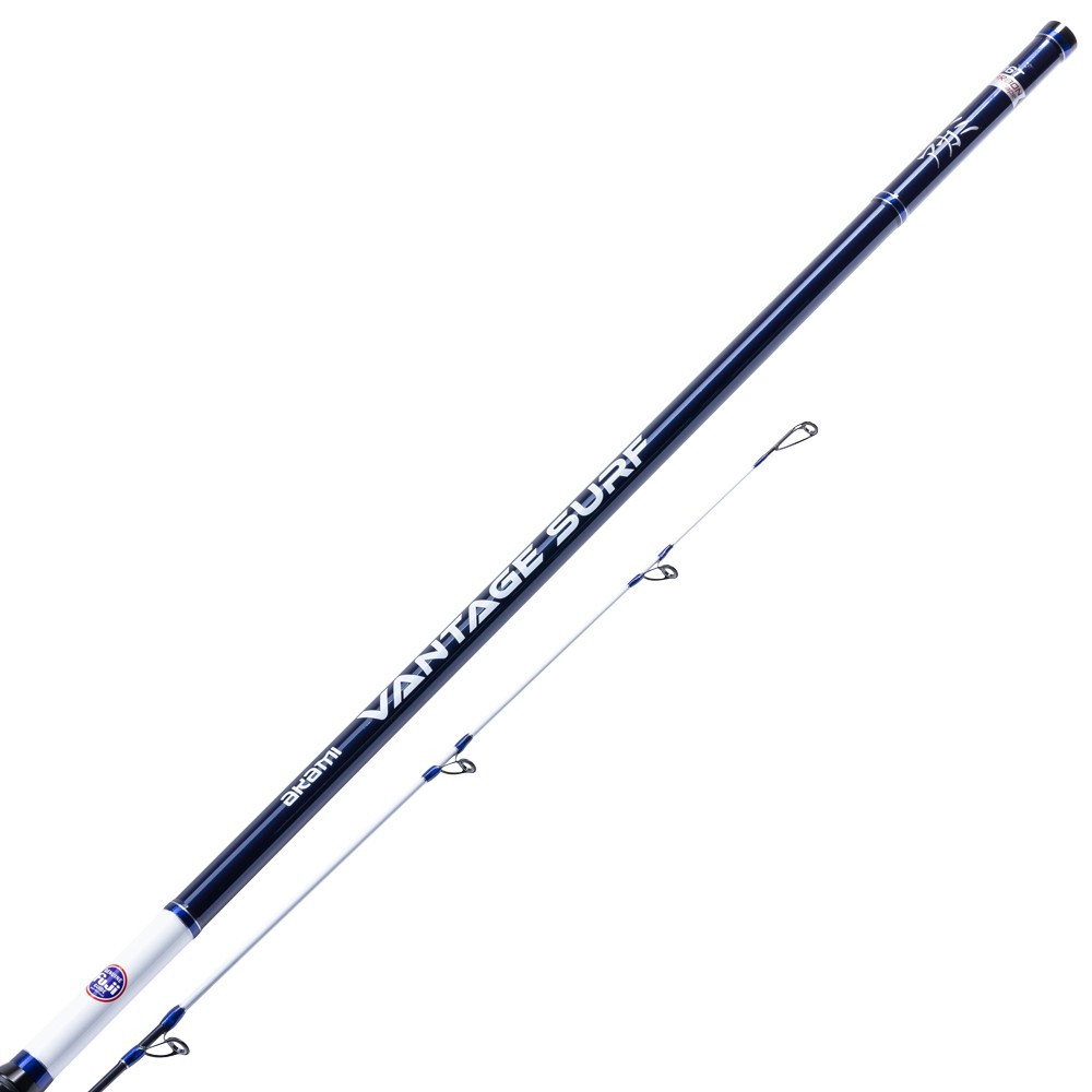 Akami VANTAGE SURF è un'eccezionale canna di media potenza progettata per la pesca a surfcasting. È stata sviluppata per consentire lanci a lunga distanza, anche con lenze molto lunghe e a basso diametro, senza rischiare di romperle, grazie alla sua capacità di seguire perfettamente il lancio. La VANTAGE è una canna leggera ad azione media, composta da 3 sezioni e dotata di una vetta ibrida molto sensibile. È montata con anelli Fuji KW e un porta-mulinello Fuji DNPS su un blank in carbonio superleggero ad alto modulo Toray 36T, che la rende sia sottile che robusta.