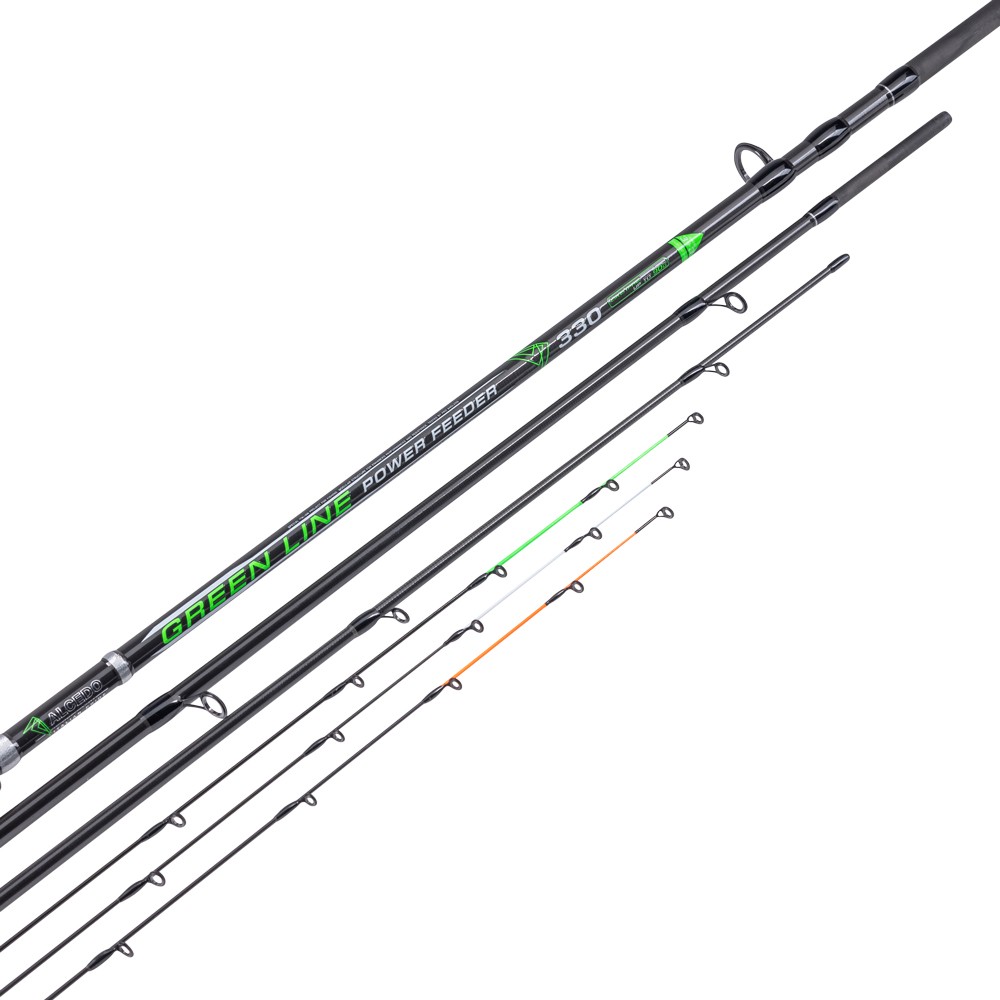 Alcedo GREEN LINE POWER FEEDER eccezionali canne da feeder, realizzata in carbonio ad alto e intermedio modulo. Grazie all'azione progressiva, all'ottima robustezza e alla bilanciatura perfetta, queste canne sono attrezzi polivalenti, ideali sia per la pesca in acque interne che in mare. Sono dotate di tre cime in carbonio con diverse potenze e montano anelli di alta qualità con pietra SiC, portamulinello a vite e impugnatura in EVA ad alta densità.