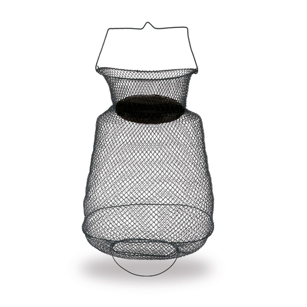 Cestello porta pesci classico in rete metallica. Con collo e maniglia, facile da trasportare in quanto si chiude su se stesso occupando pochissimo spazio. Verniciato di colore verde, è disponibile in diverse misure.
