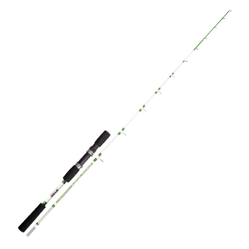 Canna da pesca a due sezioni, costruita in fiberglass, placca porta mulinello a vite, anelli legati doppio e mono ponte. Impugnatura in EVA antiscivolo, studiata per una presa sicura e confortevole. Idonea per la pesca da barca a bolentino o per insidiare cefalopodi.Fusto in FiberglassAnelli doppio e monoponteImpugnatura in Eva