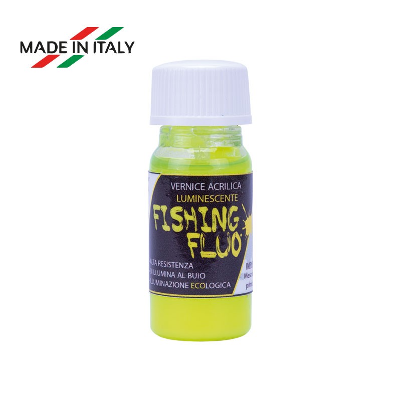 Vernice luminescente fosforescente che si illumina al buio, adatta per rendere visibili tutti i piccoli dettagli di qualsiasi prodotto da pesca. Munita di pratico pennello.